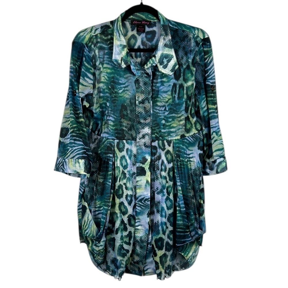 Elena Wang Artsy Leopard Print 3/4 Roll Tab Sleeve Flowy Tunic Blouse Medium